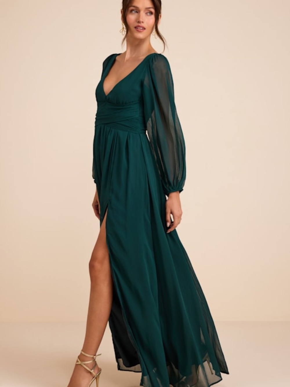 Lulus Enchant My Love Emerald Green V-neck Long Sleeve Maxi Dress - Size S